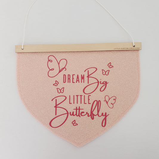 Dream Big Little Butterfly Banner - Peach Sparkle/Magenta
